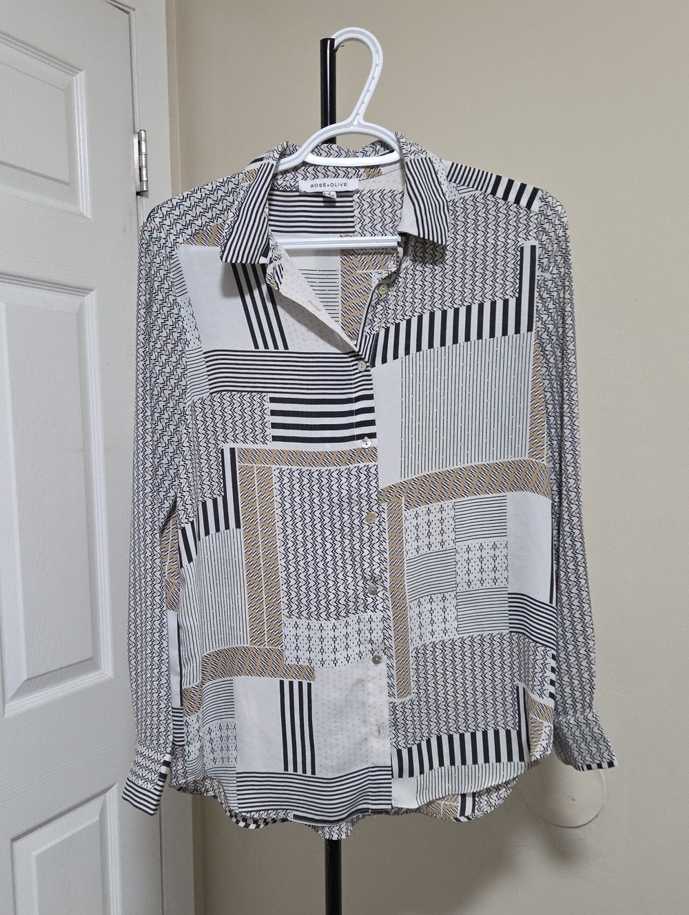 Rose & Olive Patchwork-Print Button Down Shirt - White, Black & Tan